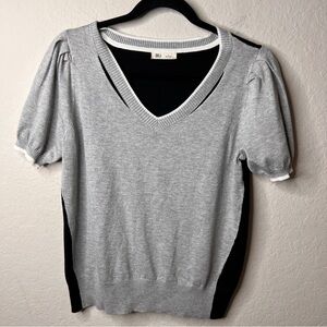 OVLA Sweater Knit Small Gray Black V-Neck Puffed Sleeve Cutout EUC